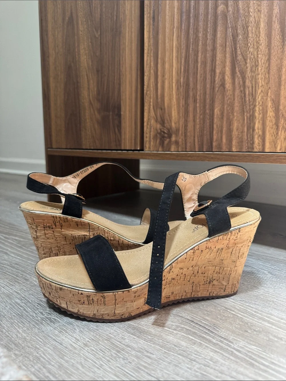 Black Cork Platform Wedge Sandals - Women's Strappy Heels